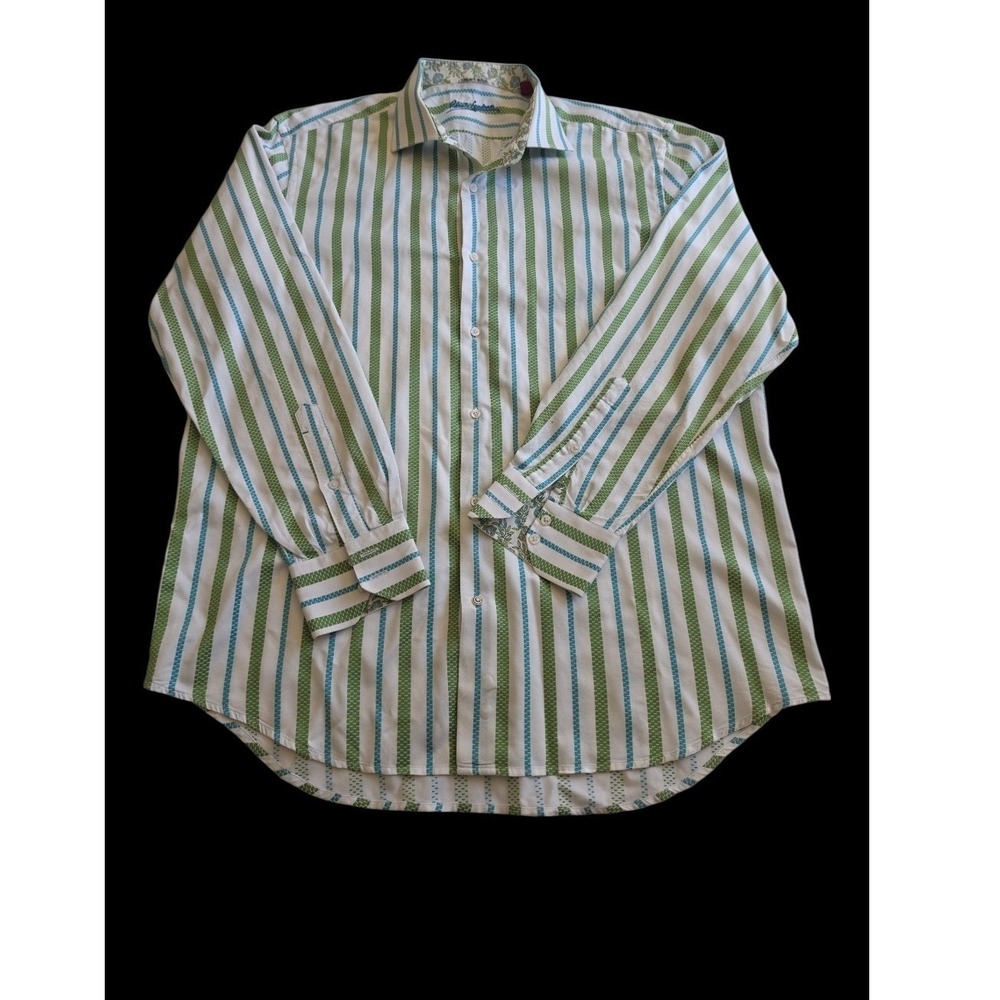 Robert Graham Blue Green Striped Embroidered Maximalist Preppy Cotton Shirt XL